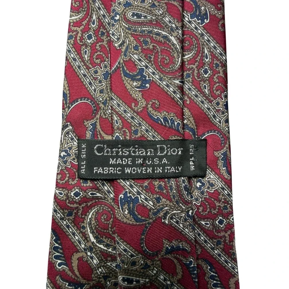 Christian Dior Paisley Silk Necktie Burgundy Navy Vintage Designer Men's